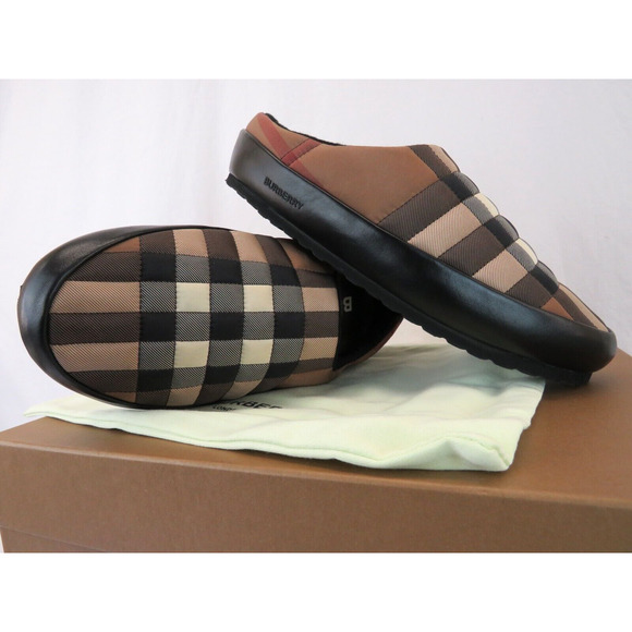 $620 BURBERRY NORTHAVEN BROWN QUILTED CHECK BLACK LEATHER LOGO SLIPPERS 44 US 11 - Picture 8 of 14